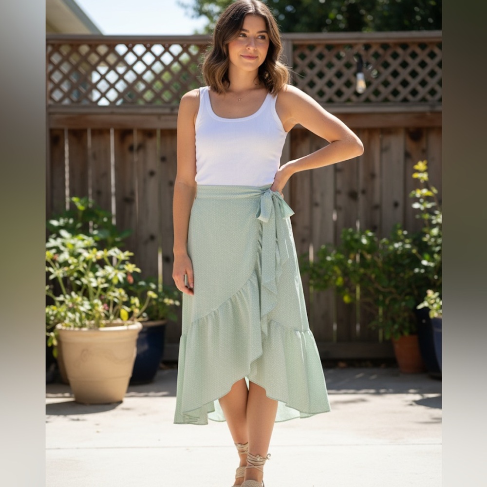 NWT- LC Lauren Conrad Light Green Wrap Midi Skirt